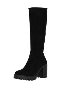 Botas negras de ante hasta la rodilla con un tacón grueso, suela de goma y diseño sin costuras. Presentan una puntera redonda y una silueta limpia y minimalista.
