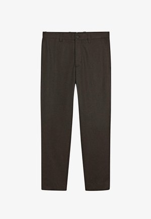 Donkere bruine broek van gladde stof met rechte pijpen, voorzien van een knoopsluiting aan de voorkant en twee zijzakken.