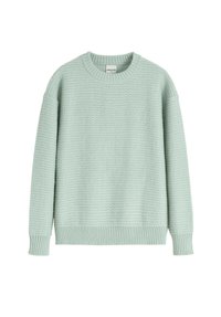 Pull en maille texturée vert clair avec un col ras du cou côtelé, des bords-côtes aux poignets et à l'ourlet, manches longues et coupe décontractée.