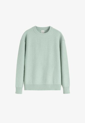 Pull en maille texturée vert clair avec un col ras du cou côtelé, des bords-côtes aux poignets et à l'ourlet, manches longues et coupe décontractée.