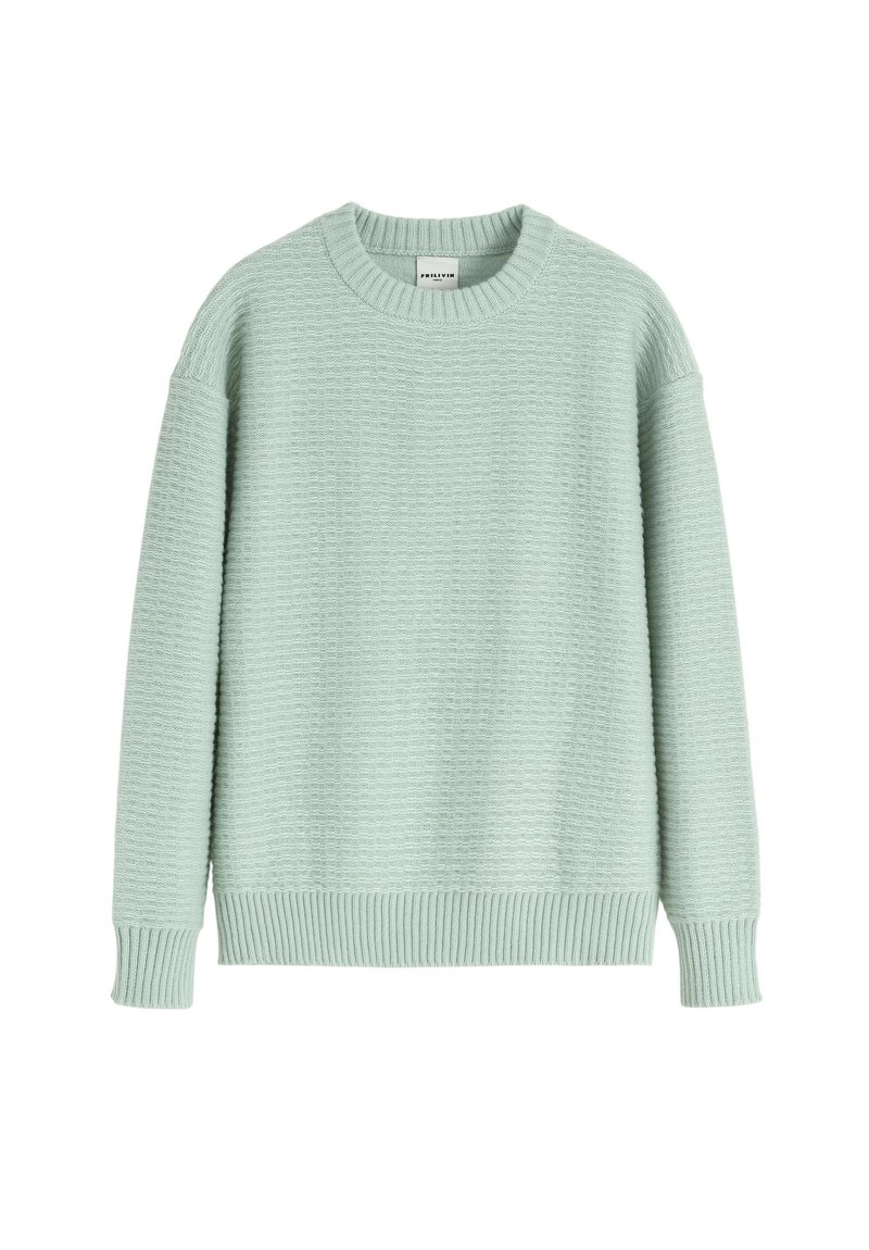 Pull en maille texturée vert clair avec un col ras du cou côtelé, des bords-côtes aux poignets et à l'ourlet, manches longues et coupe décontractée.