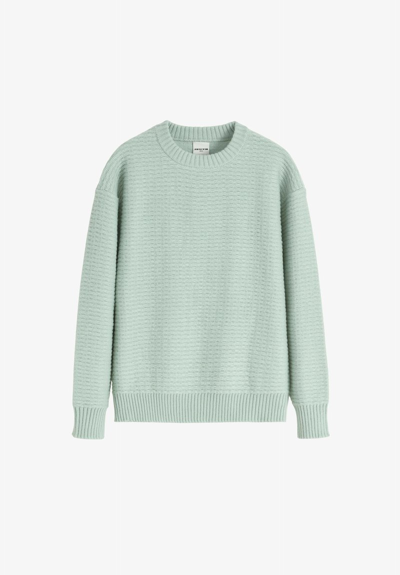 Pull en maille texturée vert clair avec un col ras du cou côtelé, des bords-côtes aux poignets et à l'ourlet, manches longues et coupe décontractée.