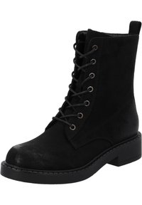 Schwarzer Wildleder-Schnürstiefel mit rundem Zehenbereich, Metallösen, Zuglasche hinten und niedrigem Blockabsatz.