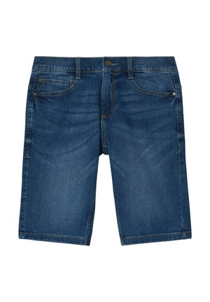 Dunkelblaue Jeans-Knielange Shorts mit Fünf-Taschen-Design und Knopfverschluss, flach auf weißem Hintergrund gelegt.