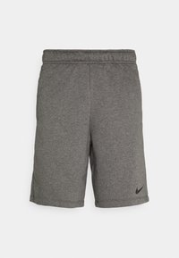 Grå shorts i mjukt tyg med elastisk midja, med en svart Nike-swoosh-logga på nedersta vänstra sidan.