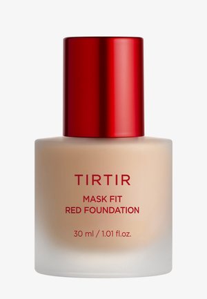 TIRTIR Mask Fit Rød Foundation i en frostet glasflaske med et lyst rødt låg; 30 ml kapacitet; slankt cylindrisk design med minimalistisk tekst.