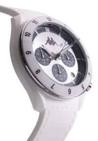 Vit silikon klocka med rund urtavla, silverdetaljer, svarta subdials och arabiska siffror. Har en polerad bezel och texturerad rem.