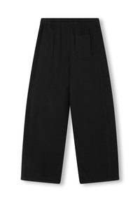 Zwarte, loszittende broek met een elastische tailleband en een enkele achterzak. Gemaakt van een zachte, gestructureerde stof met rechte pijpen.