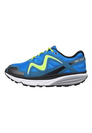 Blue athletic shoe with a mesh upper, neon green accents, black and grey rubber sole, and a textured toe cap for added grip.