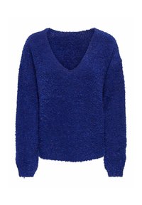 Modra, puhasta jopica z V-izrezom, dolgimi rokavi in teksturiranim videzom. Ima sproščen kroj in rebraste manšete na rokavih.