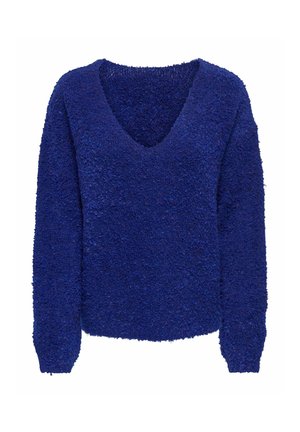 Modrý, chlupatý svetr s výstřihem do V, dlouhými rukávy a texturovaným povrchem. Má volný střih a žebrované manžety na rukávech.