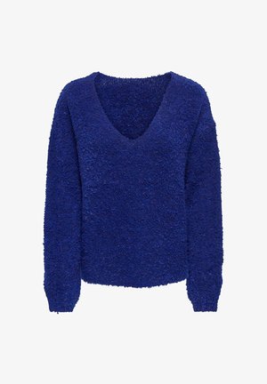 Modrý, chlupatý svetr s výstřihem do V, dlouhými rukávy a texturovaným povrchem. Má volný střih a žebrované manžety na rukávech.