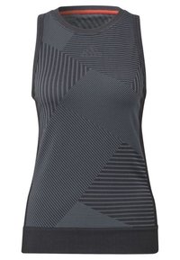 Camiseta sin mangas deportiva en gris oscuro, con patrones geométricos de rayas variadas. Tejido suave con cuello redondo y dobladillo acanalado.
