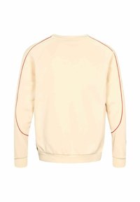 Bluza crem cu dungi roșii de-a lungul manșetelor raglan. Manșete și margine tivuite cu rețea. Textură netedă, croială casual. Vedere din spate.