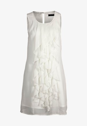 Valkoinen hihaton mekko, jossa on pyöreä pääntie ja pystyröyhelöitä edessä. Valmistettu kevyestä kankaasta, jossa on sileä pinta.