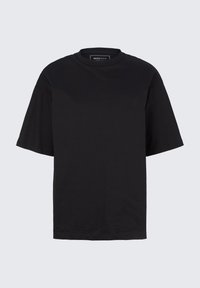 Black short-sleeve t-shirt made of cotton. Round neckline, loose fit, smooth texture, and minimalistic design without patterns or accents.