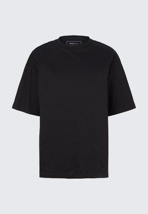 Juodas trumpomis rankovėmis medvilnės marškinėliai. Apvalus kaklo iškirpimas, laisvas siluetas, sklandi tekstūra ir minimalistinis dizainas be raštų ar akcentų.