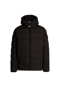 Giacca a vento nera con cappuccio, chiusura con zip, tasche laterali e design trapuntato. Realizzata in materiale leggero con una texture liscia.