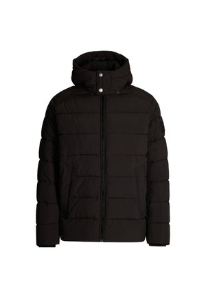 Schwarze Pufferjacke mit Kapuze, Reißverschluss, Seitentaschen und gesteppter Optik. Hergestellt aus leichtem Material mit einer glatten Textur.