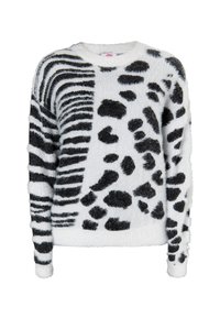 Zwart-wit fluffy trui met een mix van gestreepte en gevlekte patronen, ronde halslijn en lange mouwen met textuurdetails.