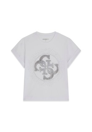 T-shirt blanc à manches courtes avec un motif de logo circulaire noir à points au centre présentant des lettres G stylisées qui se chevauchent.
