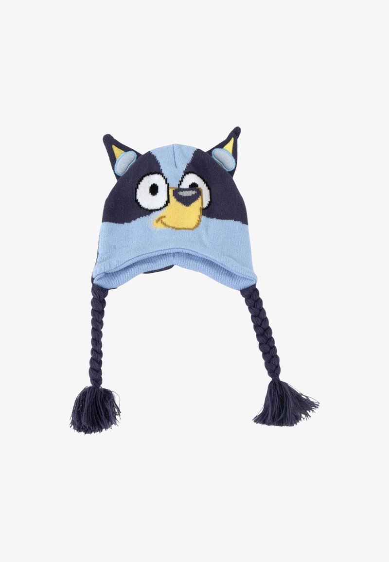 Cappello invernale blu a maglia per bambini con volto di cane cartone animato, orecchie a punta e due trecce pendenti su ciascun lato.