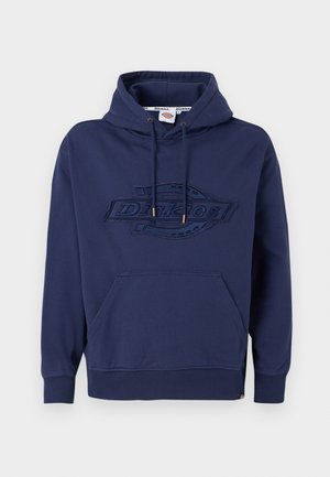 Navyblauer Kapuzenpullover mit Kordelzug, vorderer Kängurutasche und gesticktem Logo. Hergestellt aus Baumwolle, mit gerippten Bündchen und Saum.