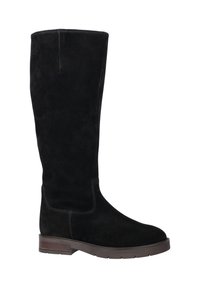 Black suede knee-high boot with a slightly rounded toe and smooth texture. Features brown block heel and contrasting stitching details.