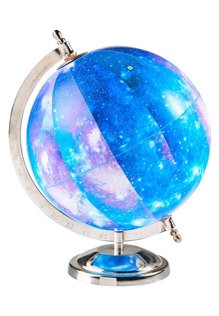 Blauwe en paarse globe met een sterrenontwerp, gemonteerd op een zilveren metalen voet met gradenmarkeringen en een gepolijste afwerking.