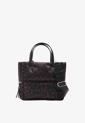 Black and brown leopard print tote bag made of nylon, featuring dual handles and a detachable strap with silver hardware accents.