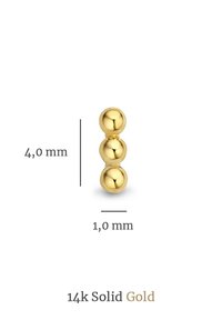 14k solid gold bead design featuring three polished spheres; dimensions: 4 mm height and 1 mm width; smooth texture and shine.