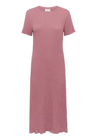 Rosa Midikleid mit kurzen Ärmeln, strukturiertem Stoff in einem gesteppten Muster, abgerundetem Ausschnitt und einem lockeren Schnitt mit rohem Saum.