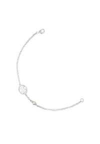 Delicata bracciale in argento con un charm a forma di orsetto rotondo e una piccola perla bianca vicino alla chiusura.