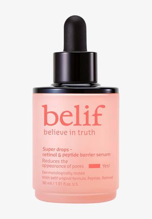 Belif Super Drops Retinol- und Peptidserum in einer pinken 30ml-Flasche mit schwarzem Tropfer, das das Erscheinungsbild von Poren reduziert.