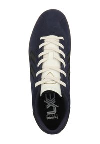 Navy suede sneaker with white laces and insole, black accents, and a textured rubber sole. Features a logo on the insole.
