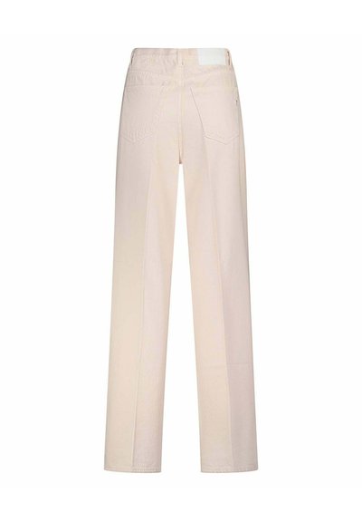 Vue de dos d'un jean beige taille haute à jambes droites, avec deux poches arrière et une étiquette de marque blanche sur la ceinture.