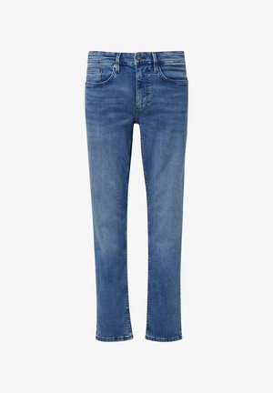 Blauwe denim jeans met een recht model, vijf zakken en een subtiele vervaagde afwerking. Gestikte afwerking en metalen knoopdetail bij de taille.