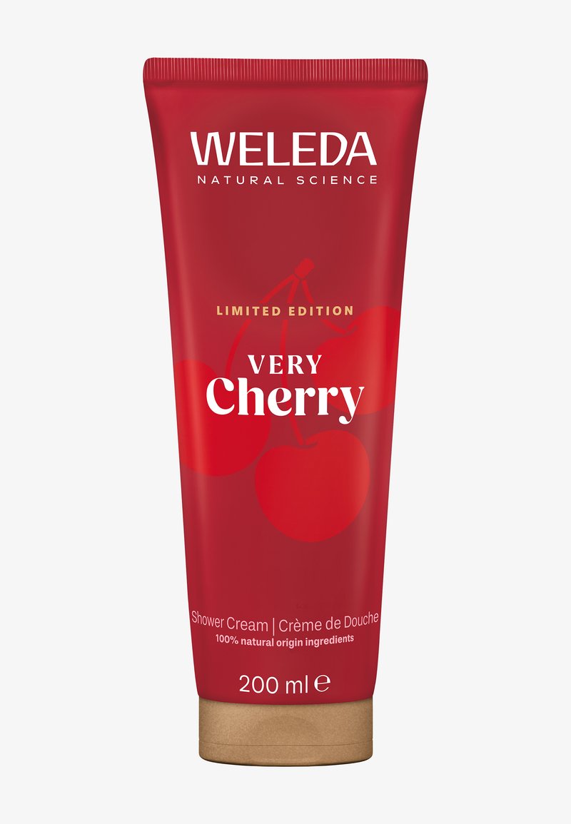 Weleda Very Cherry Duschkräm i en röd tub med körsbärsgrafik, guldaccenter och en beige botten, 200 ml, märkt som limiterad upplaga.