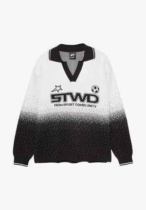 Pletený pulovr s černobílým gradientem, s černým límečkem, logem "STWD" a grafikou fotbalového míče. Texturovaná tkanina s tečkovaným vzorem.