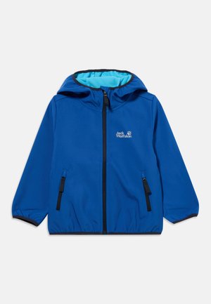 Blauwe kinderhoodie met rits aan de voorkant, twee met rits afsluitbare zakken, elastische manchetten en lichtblauwe fleece voering aan de binnenkant van de capuchon.