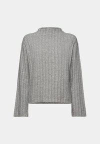 Harmaan neulotun villapaidan ribbitekstuuri, korkea kaulus ja pitkät hihat; rento malli, jossa on minimaalinen saumaus ja lyhyt pituus.