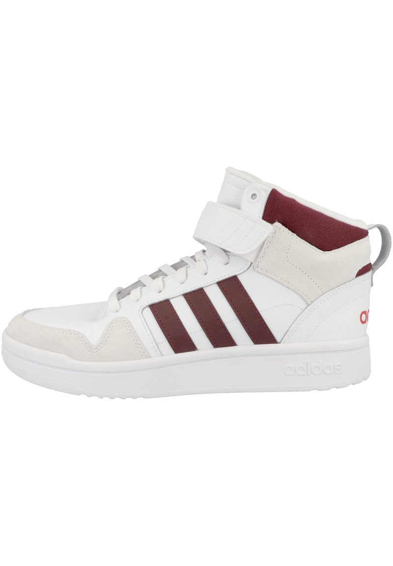 Zapatilla deportiva alta en cuero blanco con acentos en burdeos, presenta un diseño de tres franjas, cuello acolchado y correa de gancho y bucle.