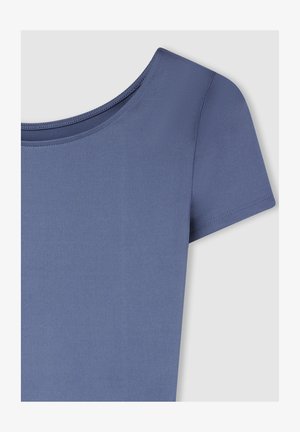 Top blu corto a maniche corte con scollatura rotonda. Realizzato in tessuto morbido con texture liscia e dettagli di cucitura minimi.