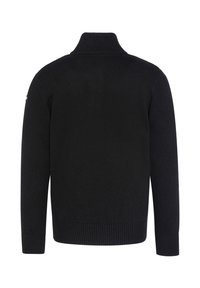 Schwarzer Strickpullover mit hohem Kragen, gerippten Bündchen und Saum, der ein sauberes Design und eine weiche Textur aufweist, geeignet für Freizeitkleidung.