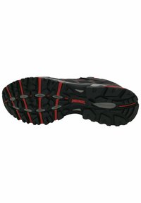 Black hiking shoe sole with deep treads, red accents, and gray detailing. Features a robust, textured design for enhanced grip and durability.
