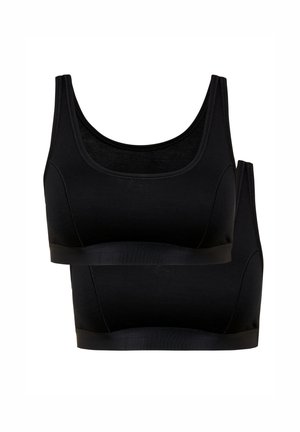 Zwart bh-set gemaakt van zacht materiaal, met een ronde halslijn, brede schouderbanden en een stevige elastische band onderaan. Twee stukken weergegeven.