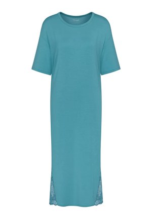 Teal nightdress with short sleeves, rounded neckline, and lace accents at the hem on both sides. Made from soft, lightweight fabric.