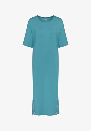 Türkisfarbenes Nachthemd mit kurzen Ärmeln, rundem Halsausschnitt und Spitzenakzenten am Saum auf beiden Seiten. Hergestellt aus einem weichen, leichten Stoff.