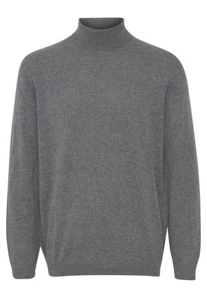 Sivi turtleneck pulover izrađen od mekog materijala, s dugim rukavima, rebrastim izrezom i manžetama, s glatkom, ujednačenom teksturom.