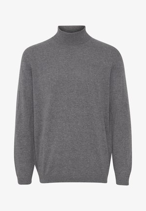 Gray turtleneck sweater made of soft fabric, features long sleeves, ribbed neck, and cuffs, with a smooth, even texture.